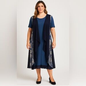 La Mouette Navy Blue Mixed Fabric Layered Dress – Size 2‎ (US 16) Plus Size